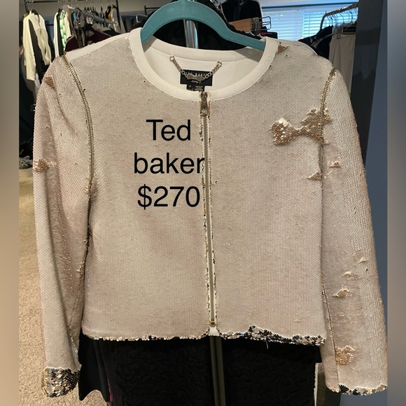 Ted Baker London Jackets & Blazers - Ted Baker white jacket with gold sequins 
women's like new 
Size3 
Gold zipper